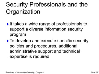Principles of Information Security - Chapter 1 Slide 39
Security Professionals and the
Organization
It takes a wide range of professionals to
support a diverse information security
program
To develop and execute specific security
policies and procedures, additional
administrative support and technical
expertise is required
 