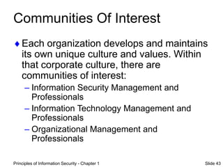 Principles of Information Security - Chapter 1 Slide 43
Communities Of Interest
Each organization develops and maintains
its own unique culture and values. Within
that corporate culture, there are
communities of interest:
– Information Security Management and
Professionals
– Information Technology Management and
Professionals
– Organizational Management and
Professionals
 