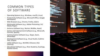 COMMON TYPES
OF SOFTWARE
• Operating Systems (e.g., Windows, macOS, Linux)
• Productivity Software (e.g., Microsoft Office, Google
Workspace)
• Web Browsers (e.g., Chrome, Firefox, Safari)
• Multimedia Software (e.g., Adobe Photoshop, VLC
Media Player)
• Antivirus Software (e.g., Norton, McAfee, Avast)
• Games and Entertainment Software (e.g., Minecraft,
Fortnite, Spotify)
• Communication Software (e.g., Skype, Zoom,
WhatsApp)
• Development Software (e.g., Visual Studio, Sublime
Text, Eclipse)
• Utility Software (e.g., WinRAR, CCleaner, Disk
Cleanup)
• Educational Software (e.g., Khan Academy, Duolingo,
Rosetta Stone)
 