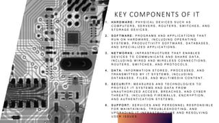 KEY COMPONENTS OF IT
1 . H A R D W A R E : P H Y S I C A L D E V I C E S S U C H A S
C O M P U T E R S , S E R V E R S , R O U T E R S , S W I T C H E S , A N D
S T O R A G E D E V I C E S .
2 . S O F T W A R E : P R O G R A M S A N D A P P L I C A T I O N S T H A T
R U N O N H A R D W A R E , I N C L U D I N G O P E R A T I N G
S Y S T E M S , P R O D U C T I V I T Y S O F T W A R E , D A T A B A S E S ,
A N D S P E C I A L I Z E D A P P L I C A T I O N S .
3 . N E T W O R K S : I N F R A S T R U C T U R E T H A T E N A B L E S
D E V I C E S T O C O M M U N I C A T E A N D S H A R E D A T A ,
I N C L U D I N G W I R E D A N D W I R E L E S S C O N N E C T I O N S ,
R O U T E R S , S W I T C H E S , A N D P R O T O C O L S .
4 . D A T A : I N F O R M A T I O N S T O R E D , P R O C E S S E D , A N D
T R A N S M I T T E D B Y I T S Y S T E M S , I N C L U D I N G
D A T A B A S E S , F I L E S , A N D M U L T I M E D I A C O N T E N T .
5 . S E C U R I T Y : M E A S U R E S A N D T E C H N O L O G I E S T O
P R O T E C T I T S Y S T E M S A N D D A T A F R O M
U N A U T H O R I Z E D A C C E S S , B R E A C H E S , A N D C Y B E R
T H R E A T S , I N C L U D I N G F I R E W A L L S , E N C R Y P T I O N ,
A N D A U T H E N T I C A T I O N S Y S T E M S .
6 . S U P P O R T : S E R V I C E S A N D P E R S O N N E L R E S P O N S I B L E
F O R M A I N T A I N I N G , T R O U B L E S H O O T I N G , A N D
U P G R A D I N G I T I N F R A S T R U C T U R E A N D R E S O L V I N G
U S E R I S S U E S .
 