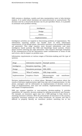 BCom(CA)Introduction to information Technology
222
DSS contains a database, models and data manipulation tools to help decision
makers. It is useful where decisions are semi-structured or unstructured. The
decision rule for a structured decision can be pre-specified. Hence, it is possible
to automate such problem solving.
Intelligence
Design
Choice
Implementation
Intelligence activities are targeted at discovering problems of organizations. The
information reporting system can handle most of these information
requirements. In the design phase, alternative solutions to the problem identified
are generated. This stage requires more focused information and more
intelligence based systems like DSS and Knowledge based systems. Choice
phase involves selecting the right alternative. This requires thorough evaluation
of the consequences of all the alternatives under consideration in terms of risk
and return, and its impact on problem area.
Information requirements at various stages of Decision-making and the type of
systems:
Stage Information required Example system
Intelligence Exception reporting IRS
Design Simulation prototype DSS, KWS
Choice “What if” analysis DSS, large models
Implementation Graphics, Charts Microcomputer and mainframe
decision aids
Decision implementation is a critical phase. Managers are anxious about the
results of decision implementation right from day one of implementation. In this
phase, managers call for information on implementation of decision such as
stage of implementation, time and cost involved, implementation constraints,
and impact of implementation.
DSS can support repetitive or non-repetitive decision-making. It provides
capabilities for repetitive decision-making by defining procedures and formats.
For example, an insurance agent may use a DSS package to help clients in
choosing insurance schemes. With the privatization of insurance in the country,
innovative insurance products are being introduced. An investor will find it
difficult to properly identify an insurance product matching his or her
 