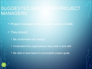 SUGGESTED SKILLS FOR PROJECT
MANAGERS
• Project managers need a wide variety of skills
• They should:
• Be comfortable with change
• Understand the organizations they work in and with
• Be able to lead teams to accomplish project goals
28
 