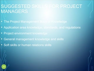 SUGGESTED SKILLS FOR PROJECT
MANAGERS
• The Project Management Body of Knowledge
• Application area knowledge, standards, and regulations
• Project environment knowledge
• General management knowledge and skills
• Soft skills or human relations skills
30
 