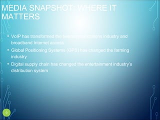 MEDIA SNAPSHOT: WHERE IT
MATTERS
• VoIP has transformed the telecommunications industry and
broadband Internet access
• Global Positioning Systems (GPS) has changed the farming
industry
• Digital supply chain has changed the entertainment industry’s
distribution system
9
 