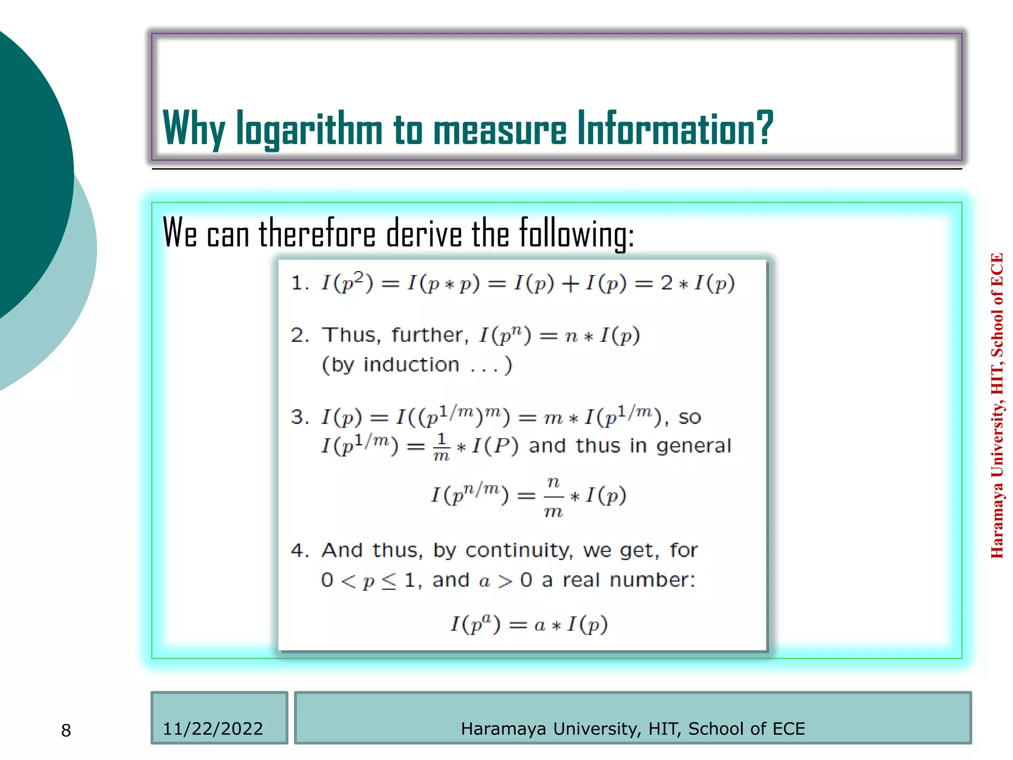 Why logarithm to measure Information?
We can therefore derive the following:
Haramaya
University,
HIT,
School
of
ECE
8 Haramaya University, HIT, School of ECE
11/22/2022
 