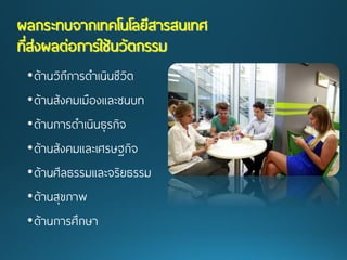 •ด้านวิถีการดาเนินชีวิต 
•ด้านสังคมเมืองและชนบท 
•ด้านการดาเนินธุรกิจ 
•ด้านสังคมและเศรษฐกิจ 
•ด้านศีลธรรมและจริยธรรม 
•ด้านสุขภาพ 
•ด้านการศึกษา ผลกระทบจากเทคโนโลยีสารสนเทศ ที่ส่งผลต่อการใช้นวัตกรรม  