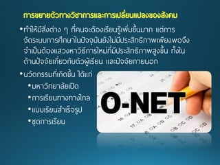 •ทาให้มีสิ่งต่าง ๆ ที่คนจะต้องเรียนรู้เพิ่มขึ้นมาก แต่การ จัดระบบการศึกษาในปัจจุบันยังไม่มีประสิทธิภาพเพียงพอจึง จาเป็นต้องแสวงหาวิธีการใหม่ที่มีประสิทธิภาพสูงขึ้น ทั้งใน ด้านปัจจัยเกี่ยวกับตัวผู้เรียน และปัจจัยภายนอก 
•นวัตกรรมที่เกิดขึ้น ได้แก่ 
•มหาวิทยาลัยเปิด 
•การเรียนทางทางไกล 
•แบบเรียนสาเร็จรูป 
•ชุดการเรียน การขยายตัวทางวิชาการและการเปลี่ยนแปลงของสังคม  