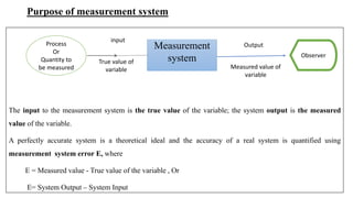 Purpose of measurement system
The input to the measurement system is the true value of the variable; the system output is the measured
value of the variable.
A perfectly accurate system is a theoretical ideal and the accuracy of a real system is quantified using
measurement system error E, where
E = Measured value - True value of the variable , Or
E= System Output – System Input
Process
Or
Quantity to
be measured
Measurement
system
Output
Measured value of
variable
input
True value of
variable
Observer
 