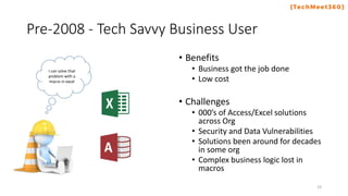 Pre-2008 - Tech Savvy Business User
• Benefits
• Business got the job done
• Low cost
• Challenges
• 000’s of Access/Excel solutions
across Org
• Security and Data Vulnerabilities
• Solutions been around for decades
in some org
• Complex business logic lost in
macros
23
I can solve that
problem with a
macro in excel
 