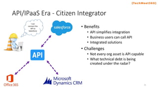 API/IPaaS Era - Citizen Integrator
• Benefits
• API simplifies integration
• Business users can call API
• Integrated solutions
• Challenges
• Not every org asset is API capable
• What technical debt is being
created under the radar?
25
I can
connect the
API to
Salesforce
 