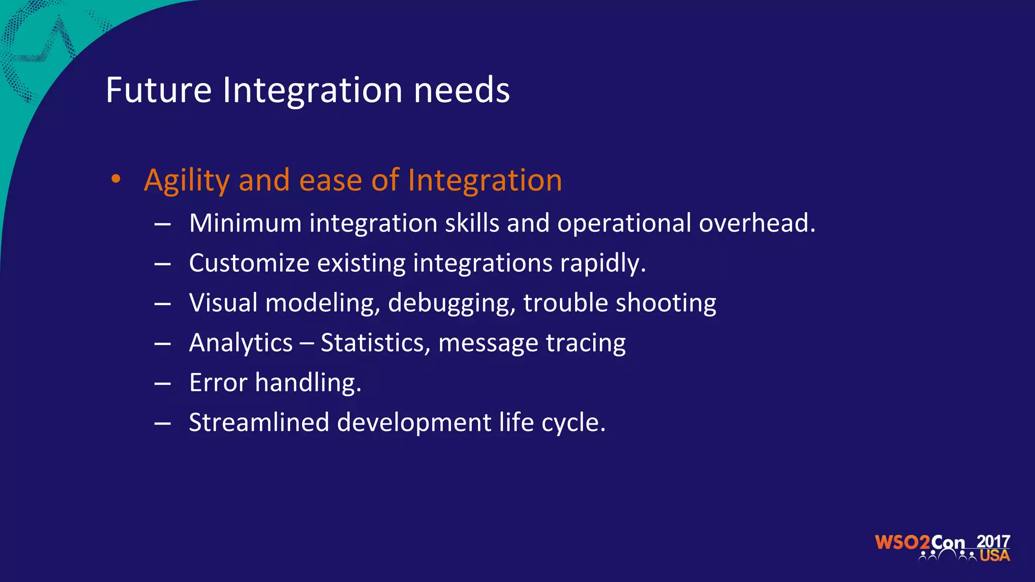 Future Integration needs
• Agility and ease of Integration
– Minimum integration skills and operational overhead.
– Customize existing integrations rapidly.
– Visual modeling, debugging, trouble shooting
– Analytics – Statistics, message tracing
– Error handling.
– Streamlined development life cycle.
 