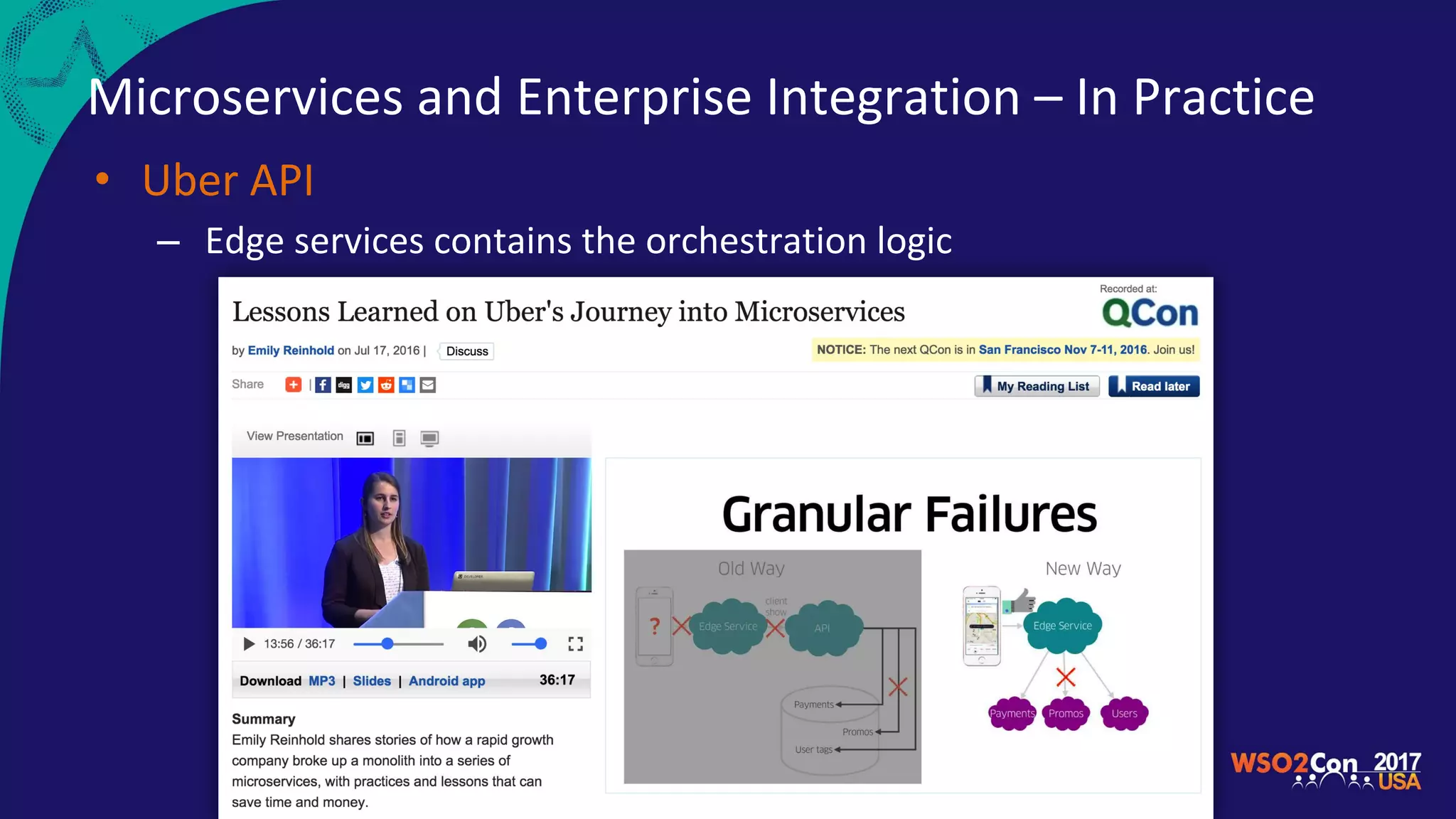 Microservices and Enterprise Integration – In Practice
• Uber API
– Edge services contains the orchestration logic
 