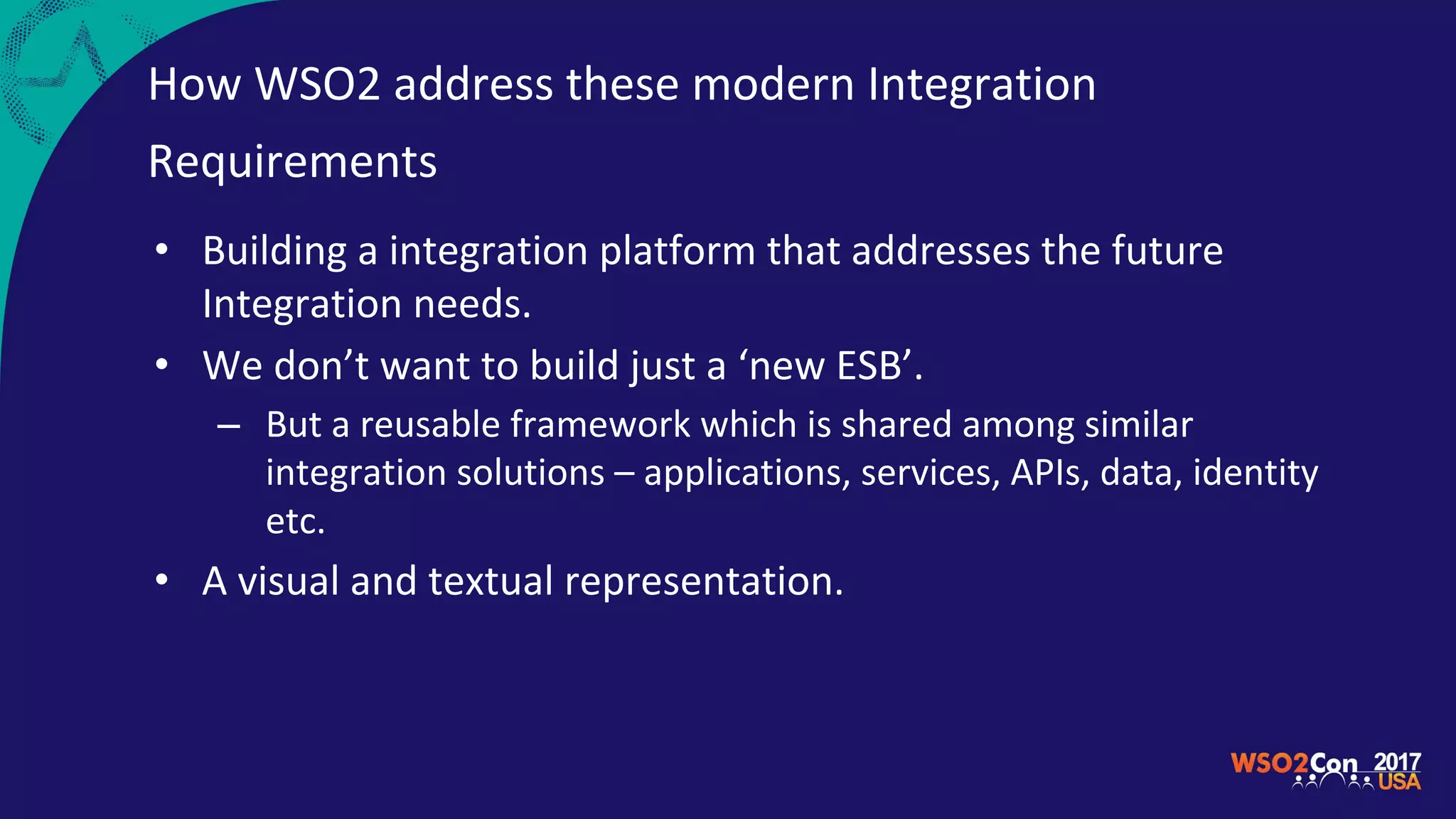 How WSO2 address these modern Integration
Requirements
• Building a integration platform that addresses the future
Integration needs.
• We don’t want to build just a ‘new ESB’.
– But a reusable framework which is shared among similar
integration solutions – applications, services, APIs, data, identity
etc.
• A visual and textual representation.
 