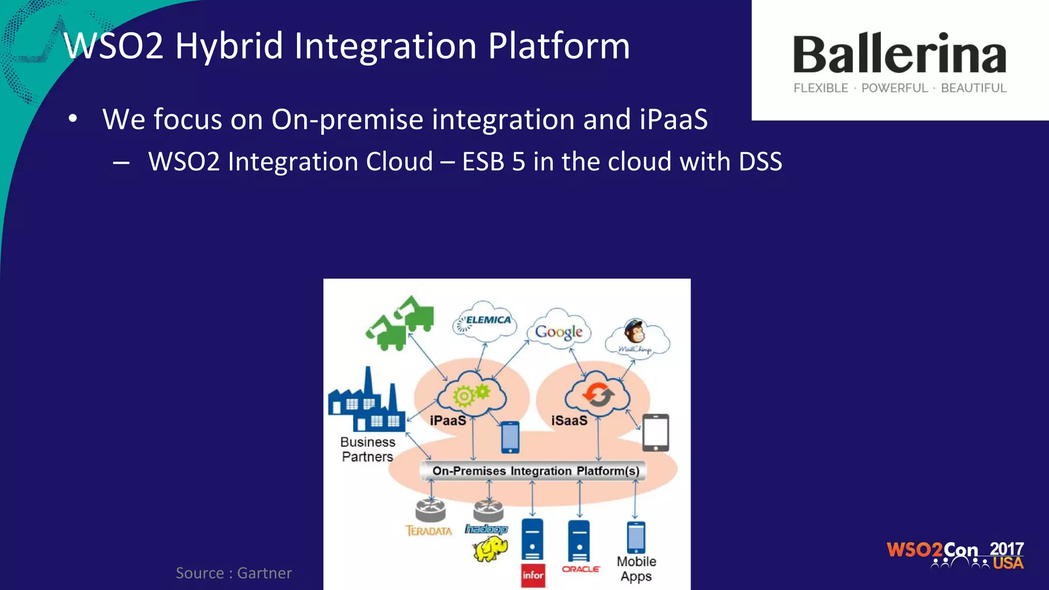 WSO2 Hybrid Integration Platform
• We focus on On-premise integration and iPaaS
– WSO2 Integration Cloud – ESB 5 in the cloud with DSS
Source : Gartner
 