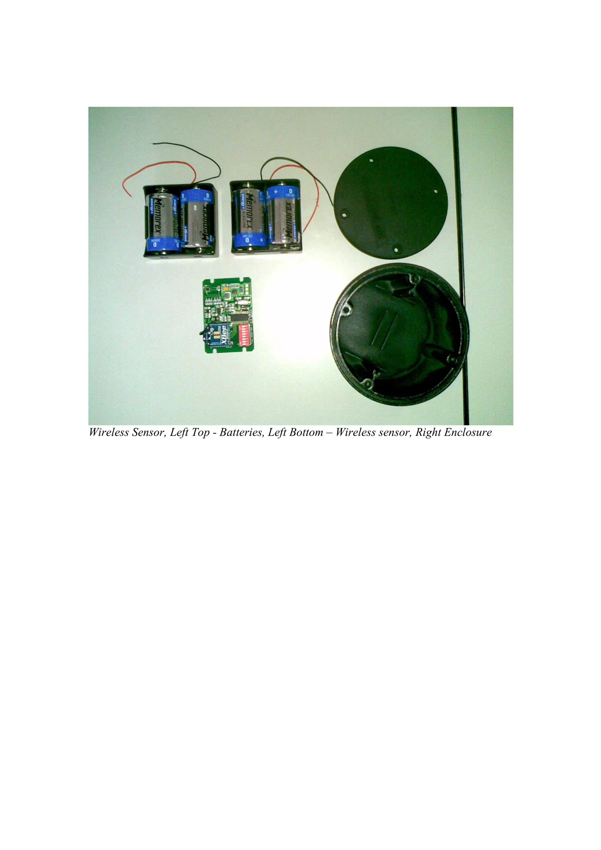 Wireless Sensor, Left Top - Batteries, Left Bottom – Wireless sensor, Right Enclosure
 