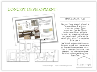 CONCEPT DEVELOPMENT
IDEA GENERATION
We may have already shared a
Pinterest board, a Houzz
board, or images from
magazines/books. These
images combined with the
home’s architecture and your
personality will guide me in
developing ideas, concepts for
your space.
We’ll look at potential layouts
for your space and share ideas
to further develop these ideas.
This is the time to dream, and
pretend that limitations (like
that yucky budget thing) do
not exist!
waldron designs | www.waldrondesigns.com
 