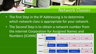 Network Classes
• The first Step in the IP Addressing is to determine
which network class is appropriate for your network.
• The Second Step is to obtain a network number from
the internet Corporation for Assigned Names and
Numbers [ICANN]
 