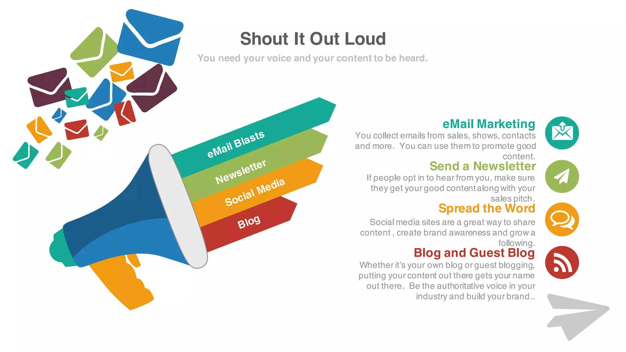 Shout It Out Loud
You need your voice and your content to be heard.
Send a Newsletter
If people opt in to hear from you, make surethey
get your goodcontent alongwith yoursales pitch.
Blog and Guest Blog
Whether it’s your own blogor guest blogging,
putting your content out there gets your nameout
there. Be the authoritative voice in yourindustry
and build yourbrand..
eMail Marketing
You collect emails fromsales, shows, contacts and
more. You canuse themto promote good content.
Spread the Word
Social media sites are a great way to share content ,
create brand awareness andgrow a following.
 