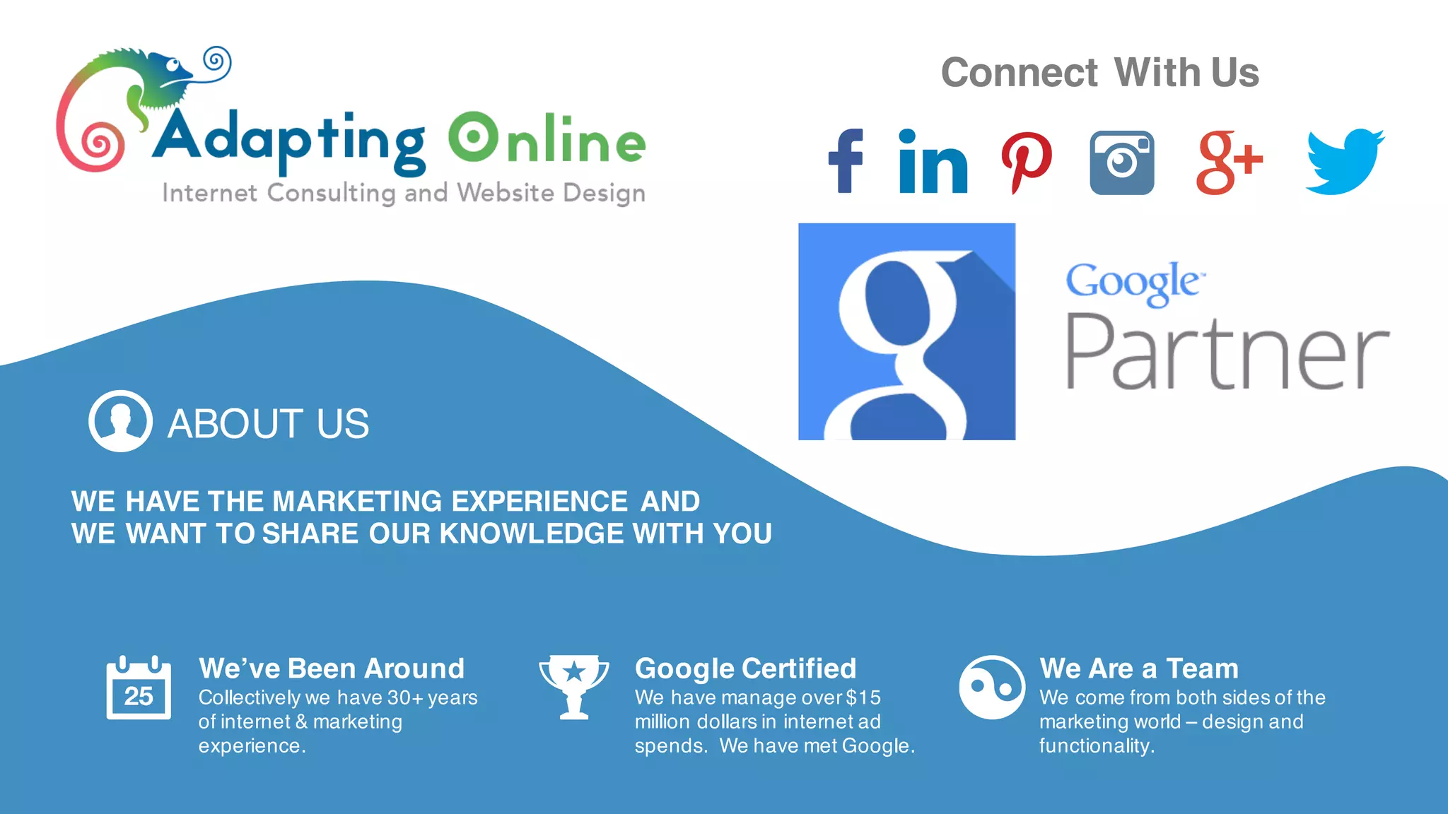 ABOUT US
WE HAVE THE MARKETING EXPERIENCEAND
WE WANT TO SHARE OUR KNOWLEDGE WITH YOU
Connect With Us
We’ve BeenAround
Collectively we have 30+ years of
internet & marketing experience.
Google Certified
We have managedover$15
million dollars in internet ad
spends. We have met Google.
We Are a Team
We come frombothsides of the
marketingworld– design and
functionality.
 