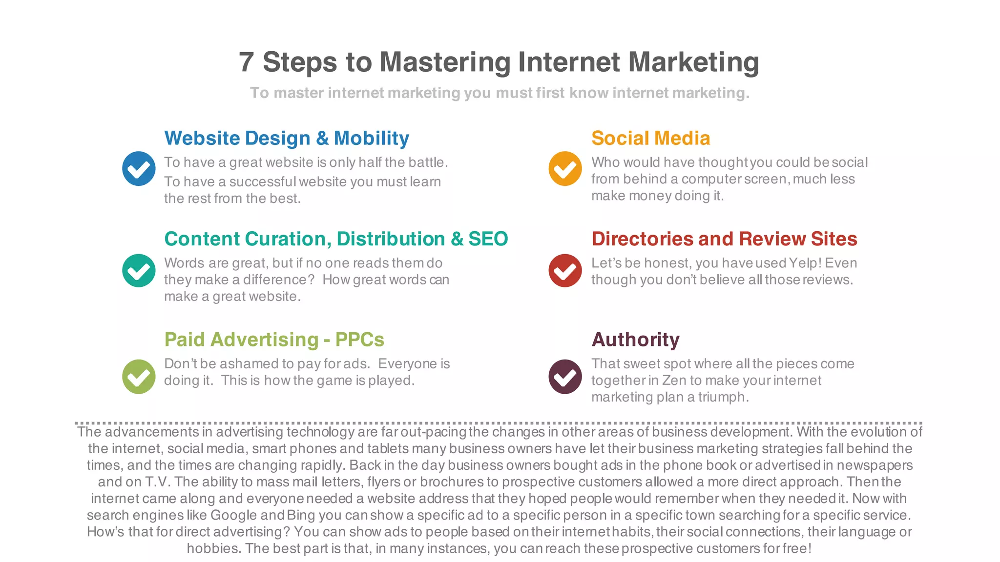 7 Steps to Mastering Internet Marketing
Website Design & Mobility
To have a great website is onlyhalf the battle.
To have a successful website youmust learnthe
rest from the best.
The advancements in advertisingtechnology are farout-pacing the changes in other areas of business development. With the evolution ofthe internet,
social media, smart phones andtablets manybusiness owners have let their business marketing strategies fall behind thetimes, andthe times are
changingrapidly. Back in theday business owners bought ads in the phone bookor advertised in newspapers and onT.V.The ability to mass mail
letters, flyers or brochures to prospective customers allowed a more direct approach. Thenthe internet came alongand everyone neededa website
address that they hopedpeople would remember when theyneededit. Now withsearch engines like Google andBing youcan showa specific ad to a
specific person in a specific townsearchingfora specific service. How’s that for direct advertising? Youcan showads to people based ontheirinternet
habits, their social connections, their language orhobbies. The best partis that, in manyinstances, youcan reachthese prospective customers forfree!
Social Media
Who would have thought youcould be social from
behind a computer screen, muchless make money
doing it.
Content Curation, Distribution & SEO
Words are great, but if noonereads themdothey
make a difference? How great words can make a
great website.
Directories and Review Sites
Let’s be honest, youhave usedYelp!Eventhough
you don’t believe all those reviews.
Paid Advertising - PPCs
Don’t be ashamedto payforads. Everyone is
doing it. This is how the gameis played.
Authority
That sweet spot where all the pieces come together
in Zen to make your internet marketingplan a
triumph.
To masterinternet marketing you must first know internet marketing.
 