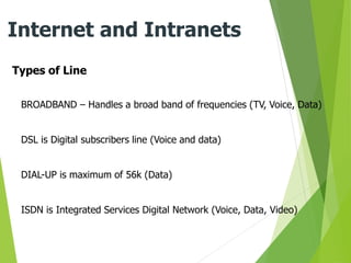 Types of Line
Internet and Intranets
BROADBAND – Handles a broad band of frequencies (TV, Voice, Data)
DSL is Digital subscribers line (Voice and data)
DIAL-UP is maximum of 56k (Data)
ISDN is Integrated Services Digital Network (Voice, Data, Video)
 