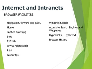 BROWSER FACILITIES
Internet and Intranets
Navigation, forward and back.
Home
Tabbed browsing
Stop
Refresh
WWW Address bar
Print
Favourites
Windows Search
Access to Search Engines and
Webpages
HyperLinks – HyperText
Browser History
 