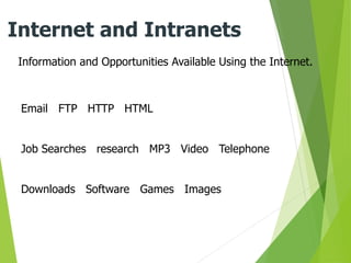 Information and Opportunities Available Using the Internet.
Internet and Intranets
Email FTP HTTP HTML
Job Searches research MP3 Video Telephone
Downloads Software Games Images
 