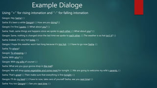 Example Dialoge
Using ‘’+’’ for rising intonation and ‘’-’’ for falling intonation
Geogre: Hey Sasha! ( )
Sasha: It’s been a while Geogre! ( ) How are you doing?( )
Geogre: I’m fine I guess. ( ) What about you? ( )
Sasha: Yeah, same things are happens since we spoke to each other .( ) What about you? ( )
Geogre: Same, nothing is changed since the last time we spoke to each other. ( ) The weather is so hot isn’t it? ( )
Sasha: Indeed, it’s very hot today. ( )
Geogre: I hope this weather won’t last long because it’s too hot. ( ) I have to go now Sasha. ( )
Sasha: To where?
Geogre: To shopping. ( )
Sasha: With who? ( )
Geogre: With my wife of course! ( )
Sasha: What are you guys gonna shop in the mall?
Geogre: We will shop some vegetables and some meat for tonight. ( ) We are going to welcome my wife’s parents. ( )
Sasha: That’s great! ( ) Then make sure that everything is fine tonight. ( )
Geogre: I’ll do my best! ( ) I have to now, take care of yourself Sasha, see you next time! ( )
Sasha: You too Geogre! ( ) See you next time. ( )
 
