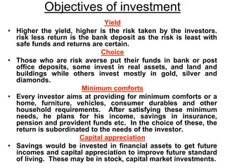 Objectives of investment
Yield
• Higher the yield, higher is the risk taken by the investors.
risk less return is the bank...
