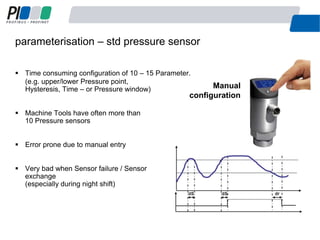  Time consuming configuration of 10 – 15 Parameter.
(e.g. upper/lower Pressure point,
Hysteresis, Time – or Pressure window)
 Machine Tools have often more than
10 Pressure sensors
 Error prone due to manual entry
 Very bad when Sensor failure / Sensor
exchange
(especially during night shift)
parameterisation – std pressure sensor
16
Manual
configuration
 