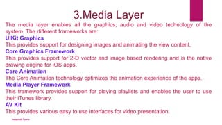 3.Media Layer
The media layer enables all the graphics, audio and video technology of the
system. The different frameworks...