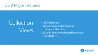 Collection 
Views 
▪ Self-sizing cells 
▪ UICollectionViewFlowLayout 
• EstimatedItemSize 
▪ UICollectionViewDelegateFlowLayout 
• SizeThatFits 
iOS 8 Major Features 
 
