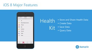 Health 
Kit 
▪ Store and Share Health Data 
▪ Create Data 
▪ Save Data 
▪ Query Data 
iOS 8 Major Features 
 