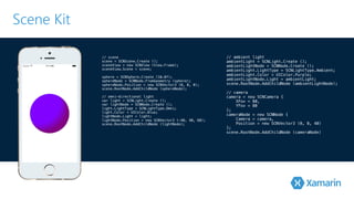 Scene Kit 
// scene 
scene = SCNScene.Create (); 
sceneView = new SCNView (View.Frame); 
s!ceneView.Scene = scene; sphere = SCNSphere.Create (10.0f); 
sphereNode = SCNNode.FromGeometry (sphere); 
sphereNode.Position = new SCNVector3 (0, 0, 0); 
s!cene.RootNode.AddChildNode (sphereNode); // omni-directional light 
var light = SCNLight.Create (); 
var lightNode = SCNNode.Create (); 
light.LightType = SCNLightType.Omni; 
light.Color = UIColor.Blue; 
lightNode.Light = light; 
lightNode.Position = new SCNVector3 (-40, 40, 60); 
scene.RootNode.AddChildNode (lightNode); 
// ambient light 
ambientLight = SCNLight.Create (); 
ambientLightNode = SCNNode.Create (); 
ambientLight.LightType = SCNLightType.Ambient; 
ambientLight.Color = UIColor.Purple; 
ambientLightNode.Light = ambientLight; 
s!cene.RootNode.AddChildNode (ambientLightNode); 
// camera 
camera = new SCNCamera { 
XFov = 80, 
YFov = 80 
}; 
cameraNode = new SCNNode { 
Camera = camera, 
Position = new SCNVector3 (0, 0, 40) 
}; 
scene.RootNode.AddChildNode (cameraNode) 
 
