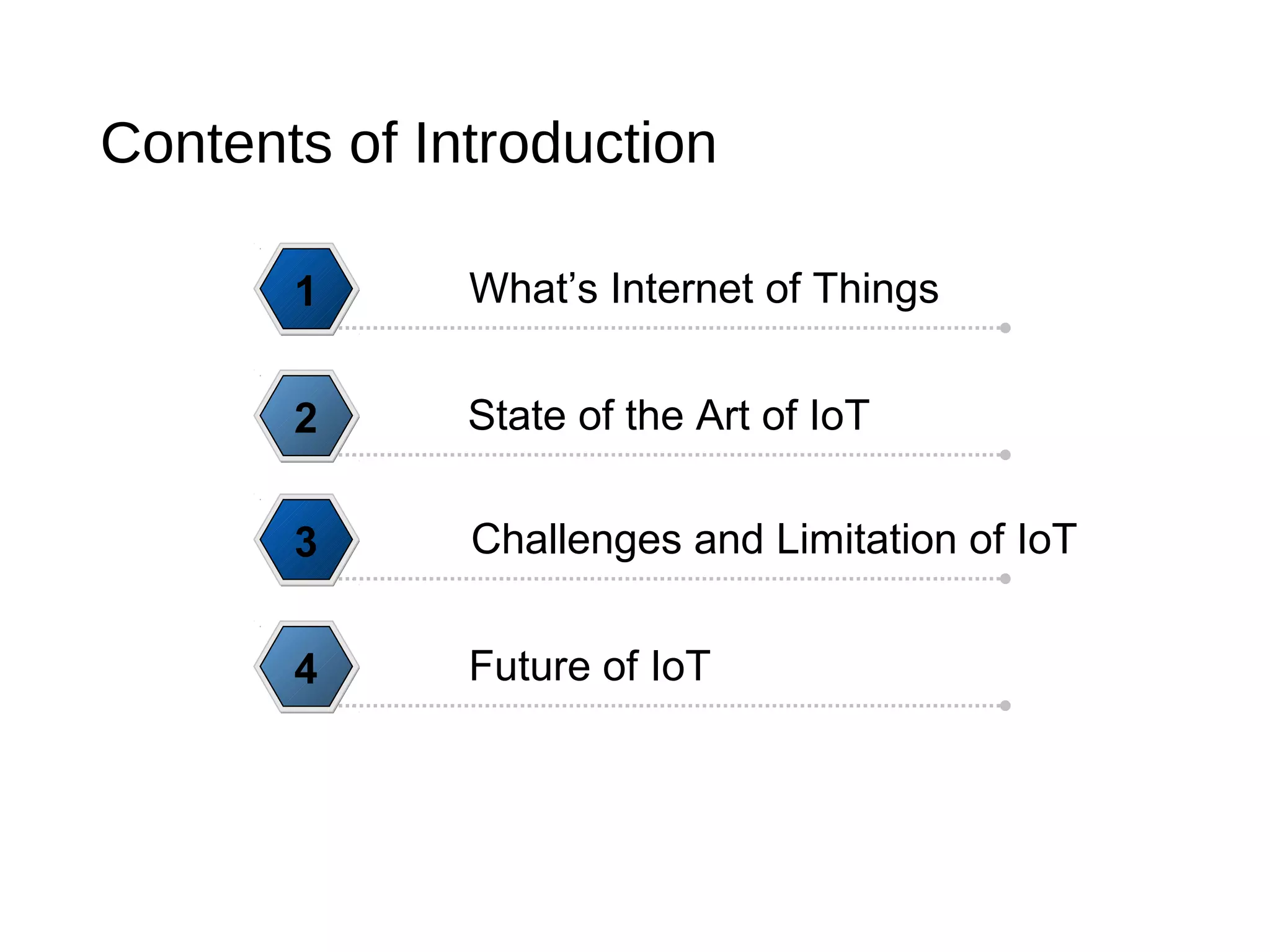 Contents of Introduction
What’s Internet of Things1
State of the Art of IoT2
Challenges and Limitation of IoT3
Future of IoT4
 