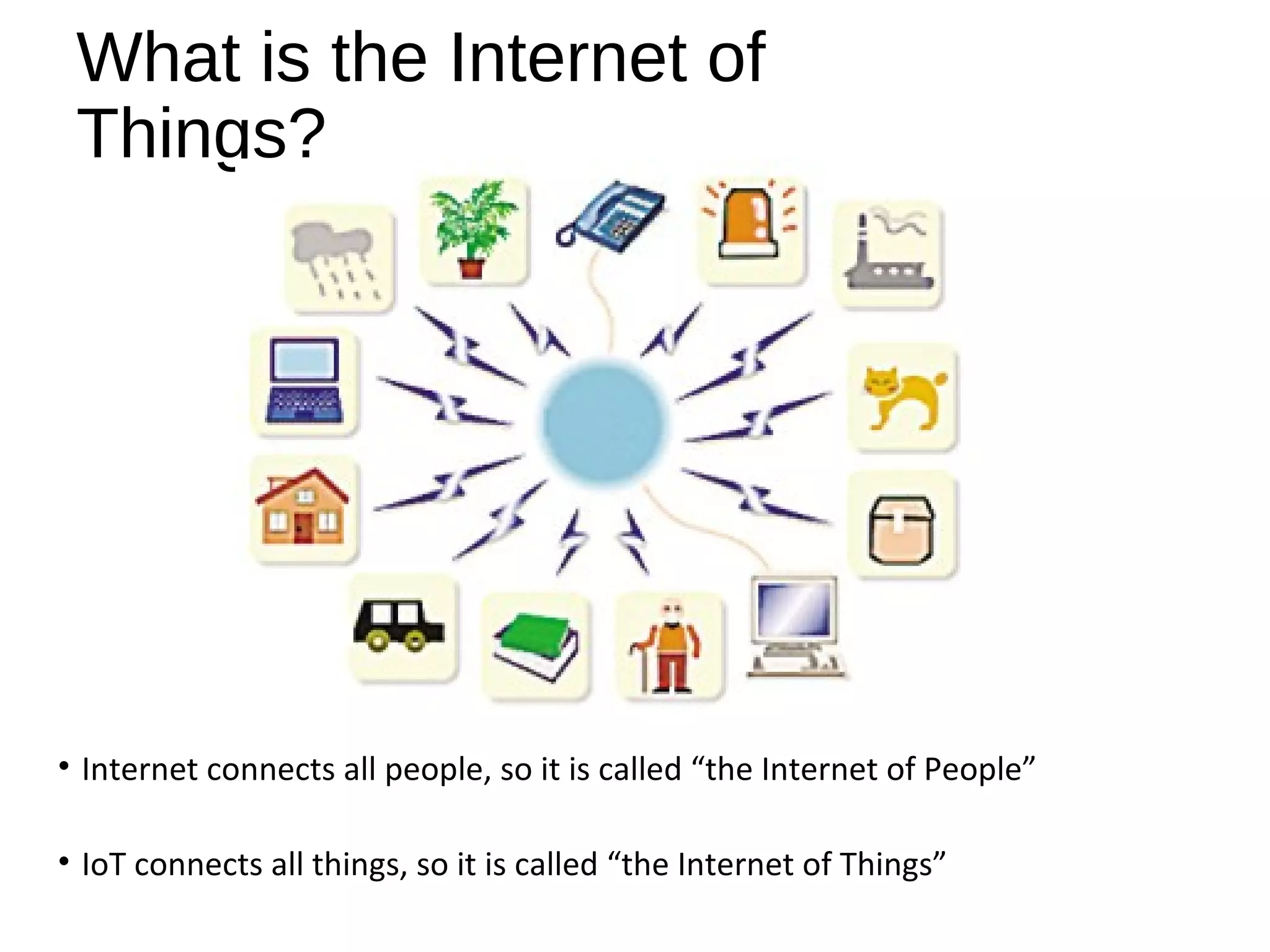 What is the Internet of
Things?
• Internet connects all people, so it is called “the Internet of People”
• IoT connects all things, so it is called “the Internet of Things”
 