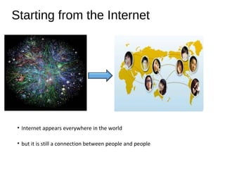 Starting from the Internet
• Internet appears everywhere in the world
• but it is still a connection between people and people
 