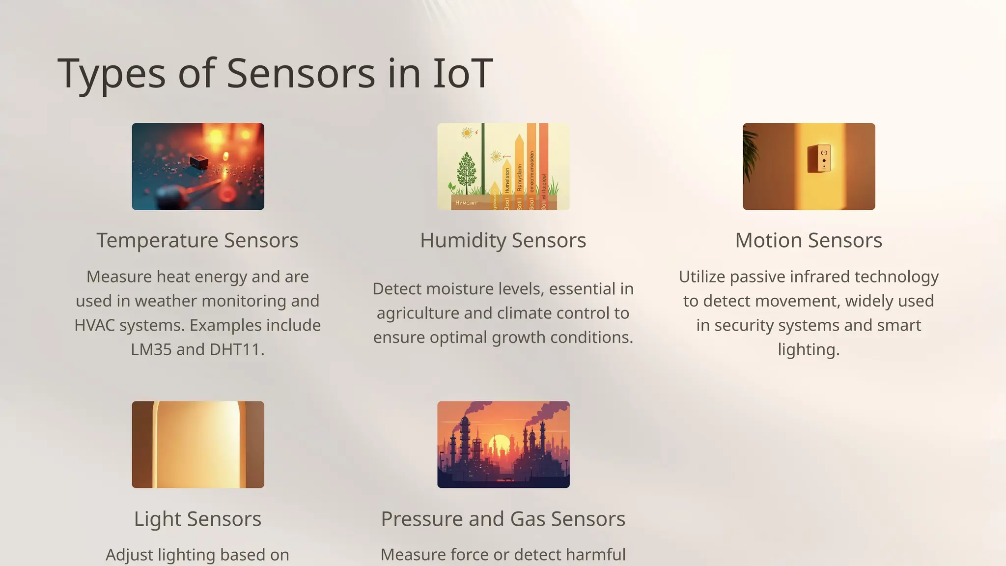 Types of Sensors in IoT
Temperature Sensors
Measure heat energy and are
used in weather monitoring and
HVAC systems. Examples include
LM35 and DHT11.
Humidity Sensors
Detect moisture levels, essential in
agriculture and climate control to
ensure optimal growth conditions.
Light Sensors
Adjust lighting based on
Pressure and Gas Sensors
Measure force or detect harmful
Motion Sensors
Utilize passive infrared technology
to detect movement, widely used
in security systems and smart
lighting.
 