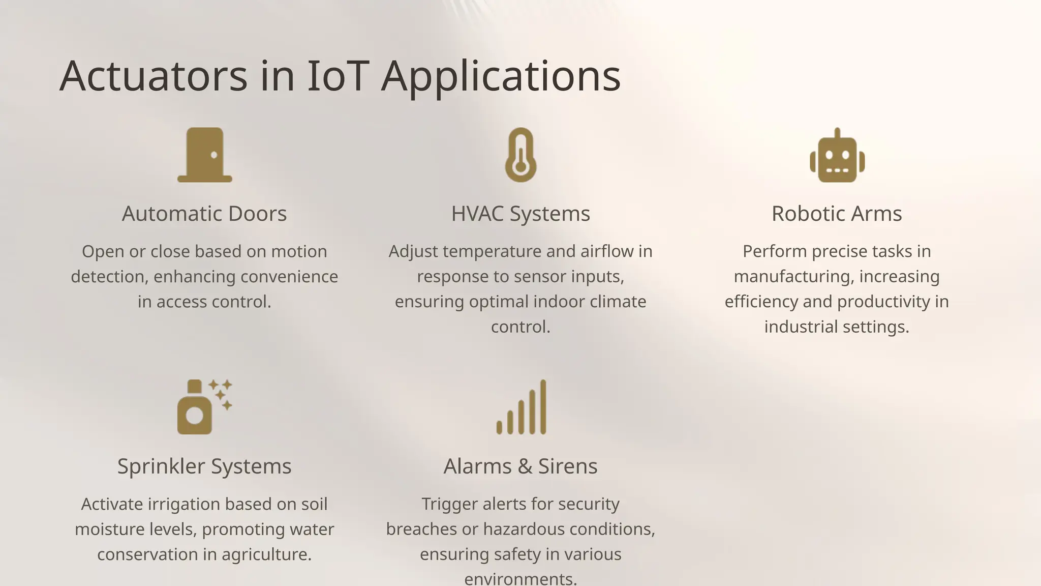 Actuators in IoT Applications
Automatic Doors
Open or close based on motion
detection, enhancing convenience
in access control.
HVAC Systems
Adjust temperature and airflow in
response to sensor inputs,
ensuring optimal indoor climate
control.
Sprinkler Systems
Activate irrigation based on soil
moisture levels, promoting water
conservation in agriculture.
Alarms & Sirens
Trigger alerts for security
breaches or hazardous conditions,
ensuring safety in various
environments.
Robotic Arms
Perform precise tasks in
manufacturing, increasing
efficiency and productivity in
industrial settings.
 