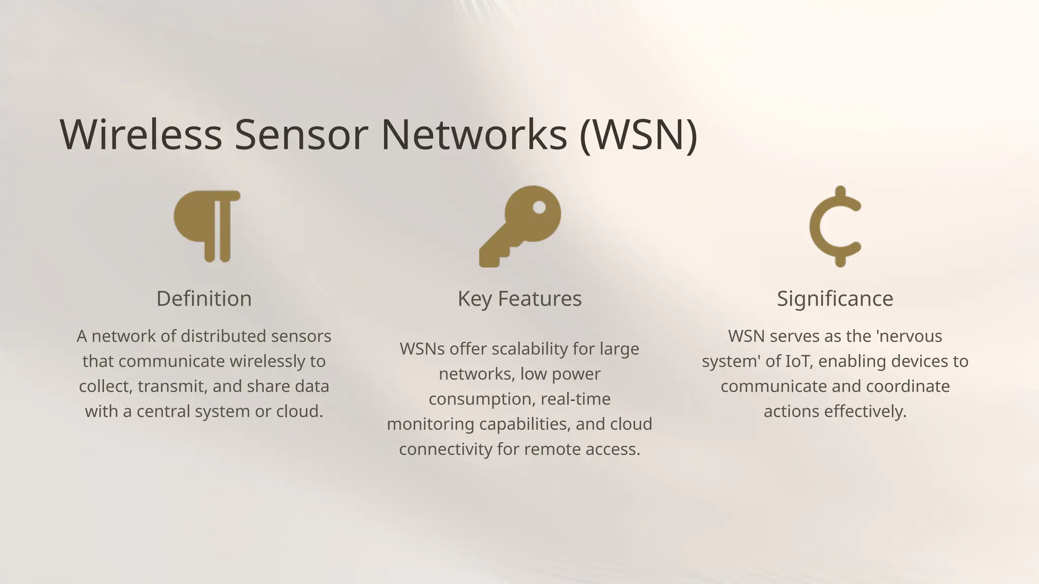 Wireless Sensor Networks (WSN)
Definition
A network of distributed sensors
that communicate wirelessly to
collect, transmit, and share data
with a central system or cloud.
Key Features
WSNs offer scalability for large
networks, low power
consumption, real-time
monitoring capabilities, and cloud
connectivity for remote access.
Significance
WSN serves as the 'nervous
system' of IoT, enabling devices to
communicate and coordinate
actions effectively.
 