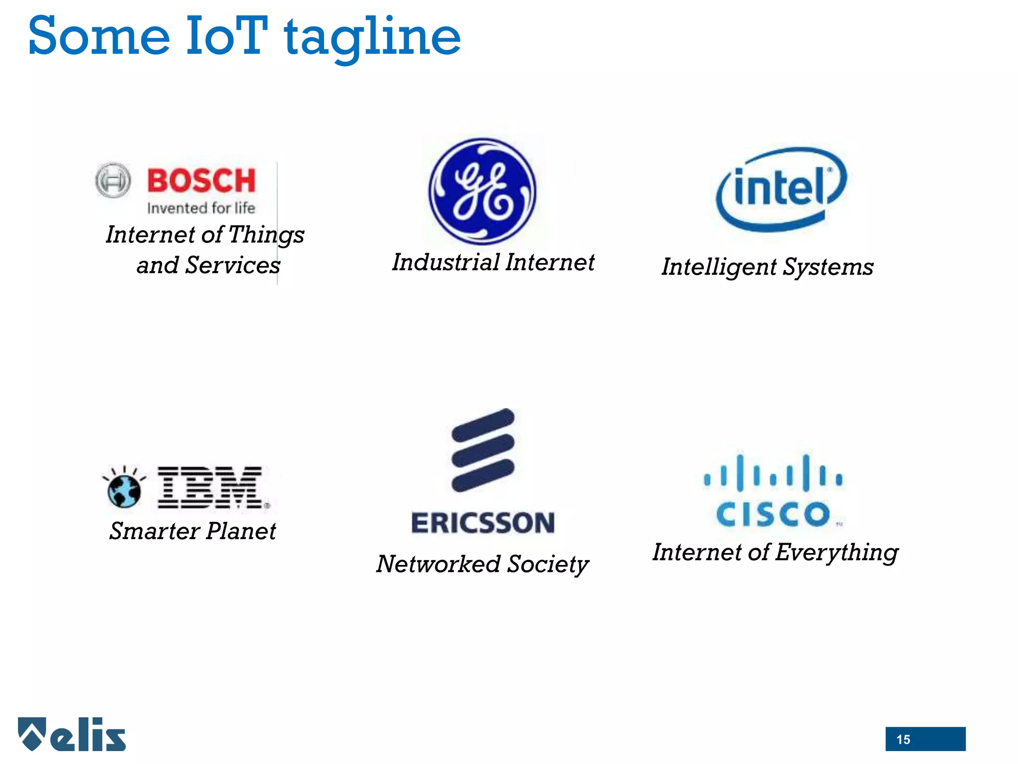 Some IoT tagline
Intelligent Systems
Smarter Planet
Industrial Internet
Networked Society Internet of Everything
Internet of Things
and Services
15
 