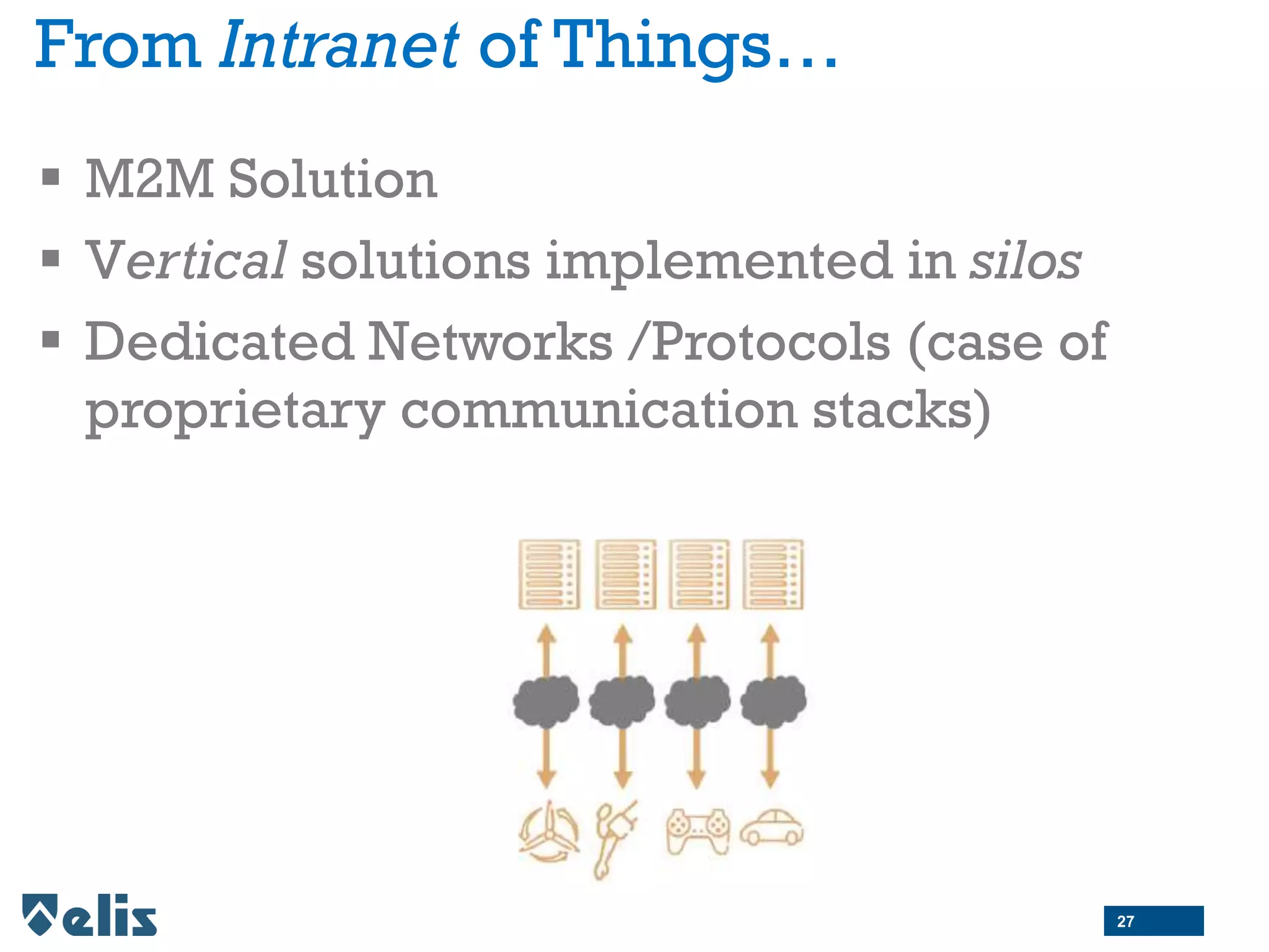 From Intranet of Things…
 M2M Solution
 Vertical solutions implemented in silos
 Dedicated Networks /Protocols (case of
proprietary communication stacks)
27
 