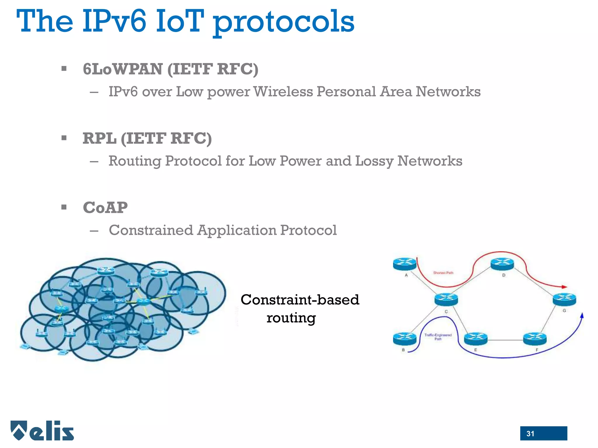 The IPv6 IoT protocols
31
Constraint-based
routing
 6LoWPAN (IETF RFC)
– IPv6 over Low power Wireless Personal Area Networks
 RPL (IETF RFC)
– Routing Protocol for Low Power and Lossy Networks
 CoAP
– Constrained Application Protocol
 