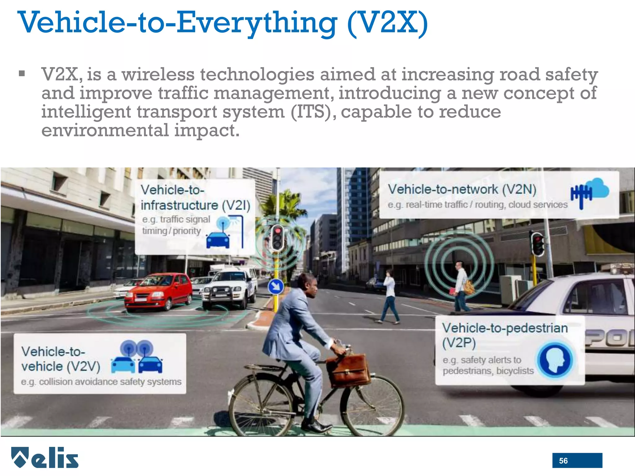Vehicle-to-Everything (V2X)
56
 V2X, is a wireless technologies aimed at increasing road safety
and improve traffic management, introducing a new concept of
intelligent transport system (ITS), capable to reduce
environmental impact.
 