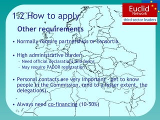 Normally require partnerships or consortia High administrative burden Need official declarations and forms May require PADOR registration Personal contacts are very important – get to know people in the Commission, (and to a lesser extent, the delegations) Always need  co-financing  (10-50%) 1.2 How to apply Other requirements 