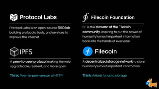 A peer-to-peer protocol making the web
upgradeable, resilient, and more open
Think: Peer-to-peer version of HTTP
A decentralized storage network to store
humanity’s most important information.
Think: Airbnb for data storage.
Protocol Labs is an open-source R&D lab
building protocols, tools, and services to
improve the internet
FF is the steward of the Filecoin
community, aspiring to put the power of
humanity’s most important information
back into the hands of everyone.
 