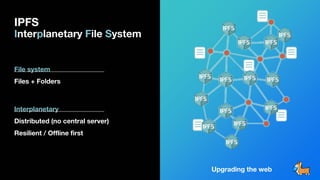 IPFS
Interplanetary File System
File system
Files + Folders
Interplanetary
Distributed (no central server)
Resilient / Offline first
Upgrading the web
 
