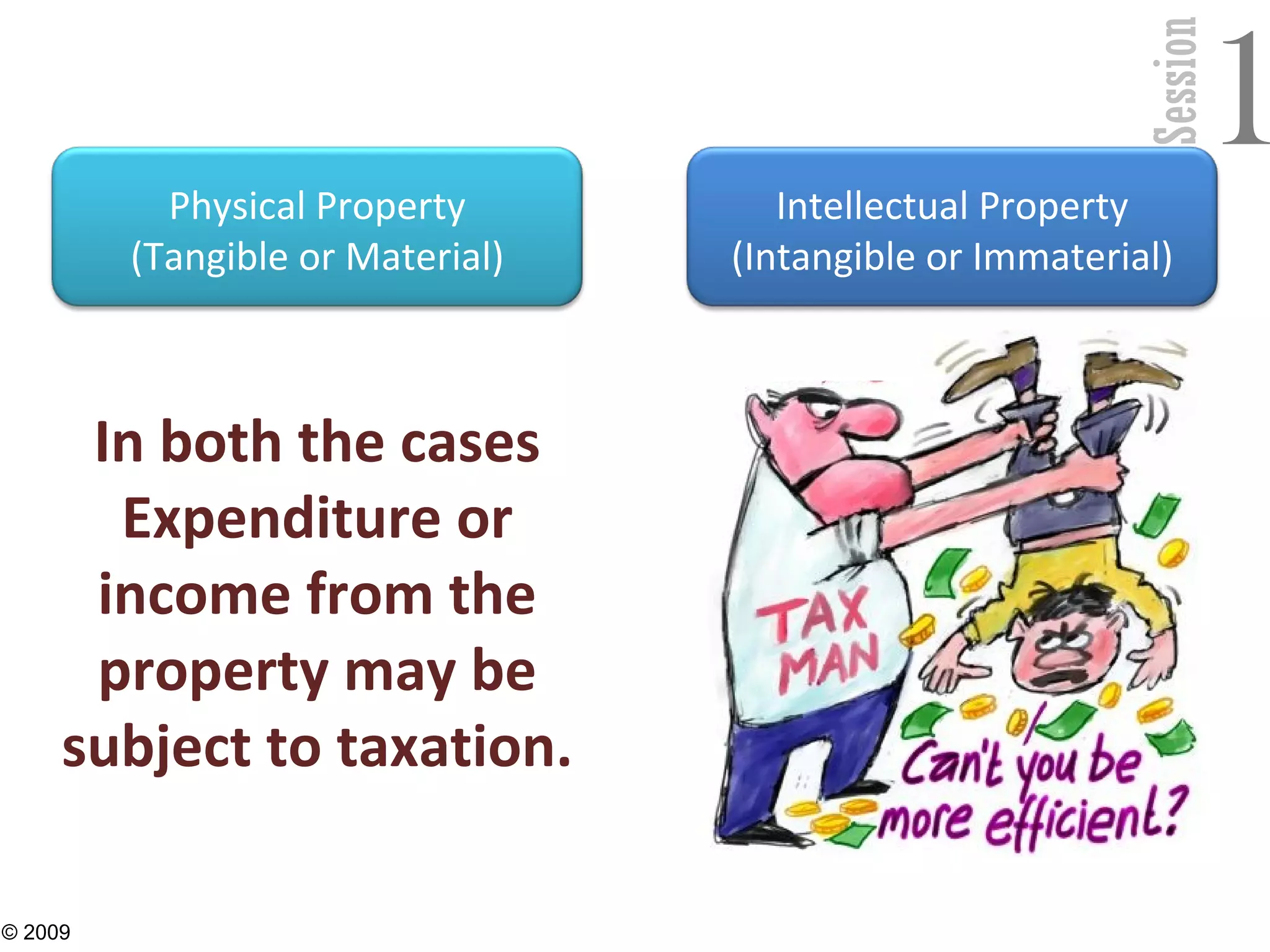 Session
1
16
Physical Property
(Tangible or Material)
Intellectual Property
(Intangible or Immaterial)
In both the cases
Expenditure or
income from the
property may be
subject to taxation.
© 2009
 