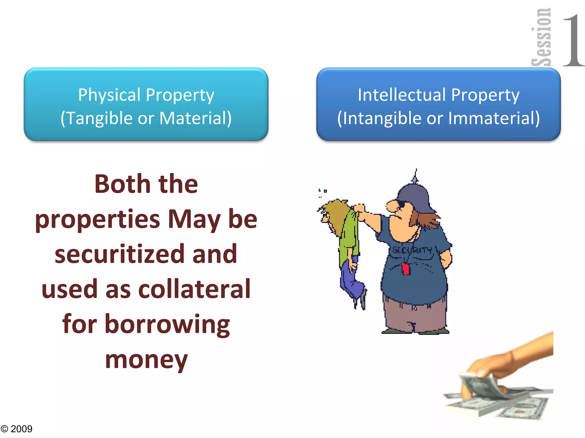 Session
1
18
Physical Property
(Tangible or Material)
Intellectual Property
(Intangible or Immaterial)
Both the
properties May be
securitized and
used as collateral
for borrowing
money
© 2009
 