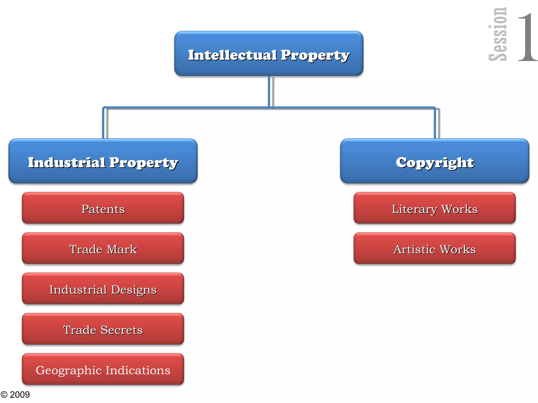 Session
1Intellectual PropertyIntellectual Property
Industrial PropertyIndustrial Property CopyrightCopyright
PatentsPatents
Trade MarkTrade Mark
Industrial DesignsIndustrial Designs
Trade SecretsTrade Secrets
Geographic Indications
Literary WorksLiterary Works
Artistic WorksArtistic Works
© 2009
20
 
